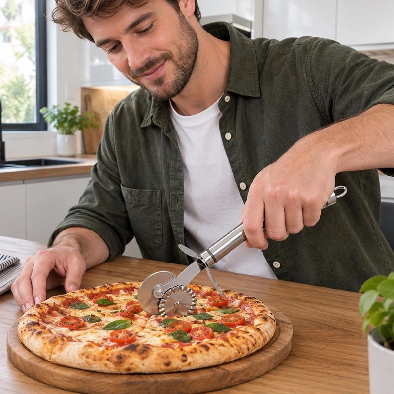 Roulette à pizza à lame crantée pour une découpe nette des croûtes épaisses